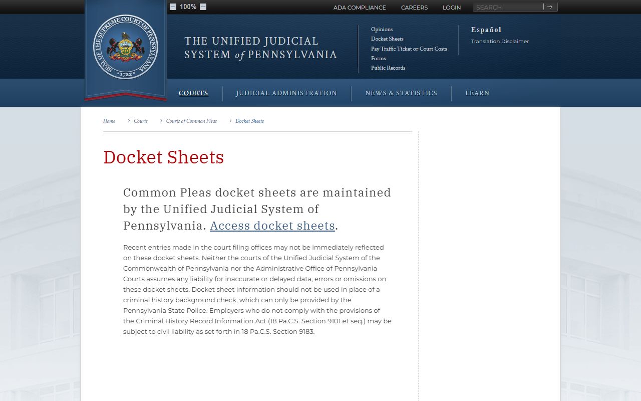 Pennsylvania Common Pleas docket sheets page for public court records