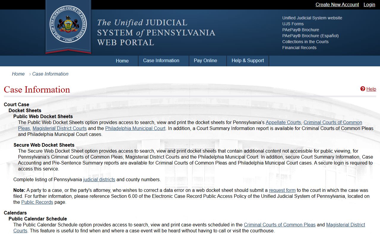Pennsylvania UJS case information help page for docket and calendar searches