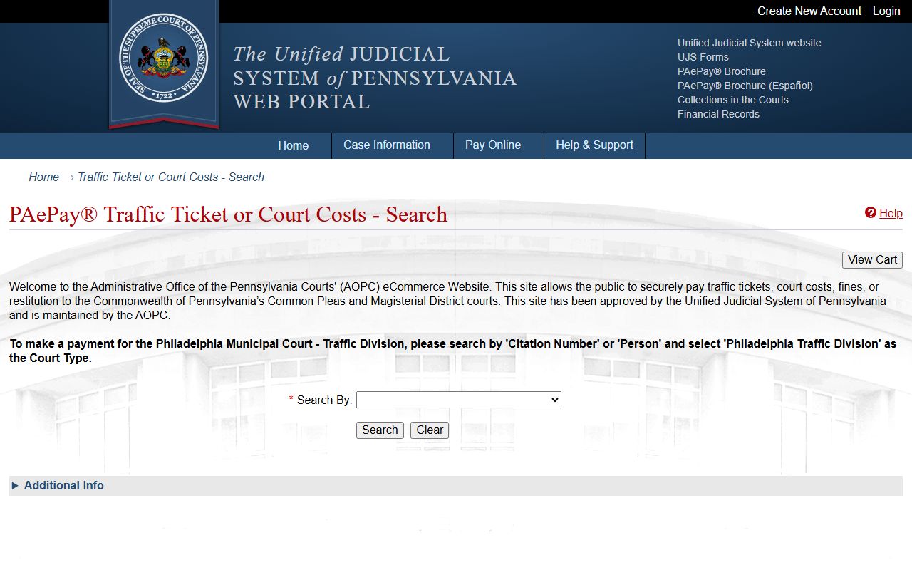 PAePay traffic ticket and court cost search page