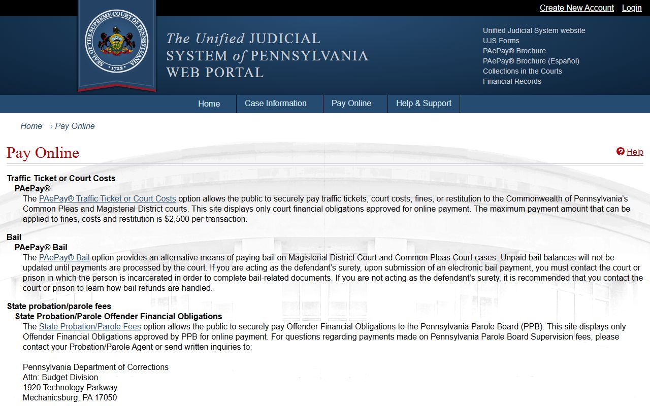 Pennsylvania UJS pay online page for court costs and PAePay