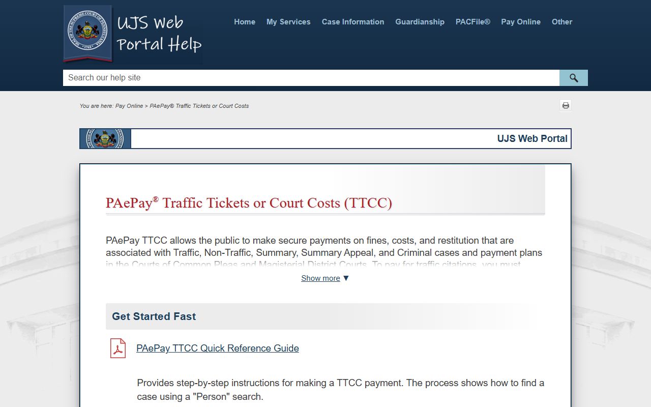 PAePay help page for traffic tickets and court costs