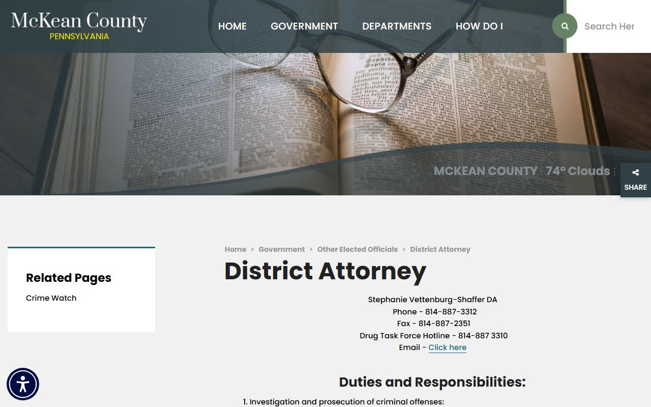 McKean County District Attorney page for criminal prosecution duties