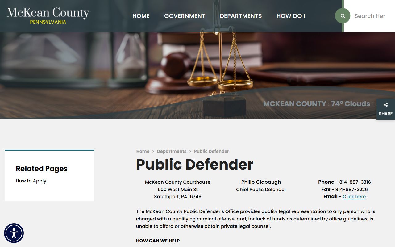 McKean County Public Defender page for criminal case representation