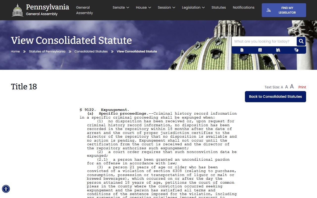 Pennsylvania adult criminal-history expungement statute page