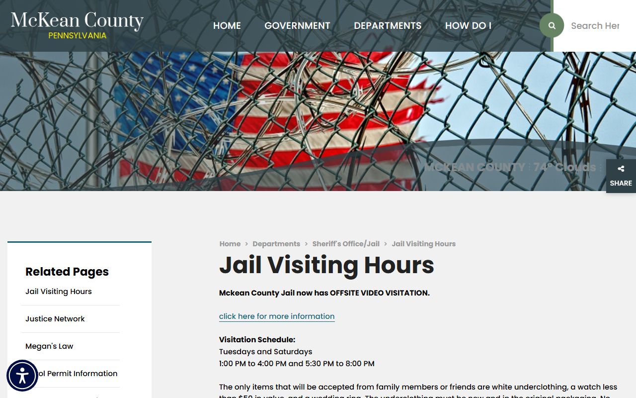 McKean County inmate visitation schedule and jail visiting hours
