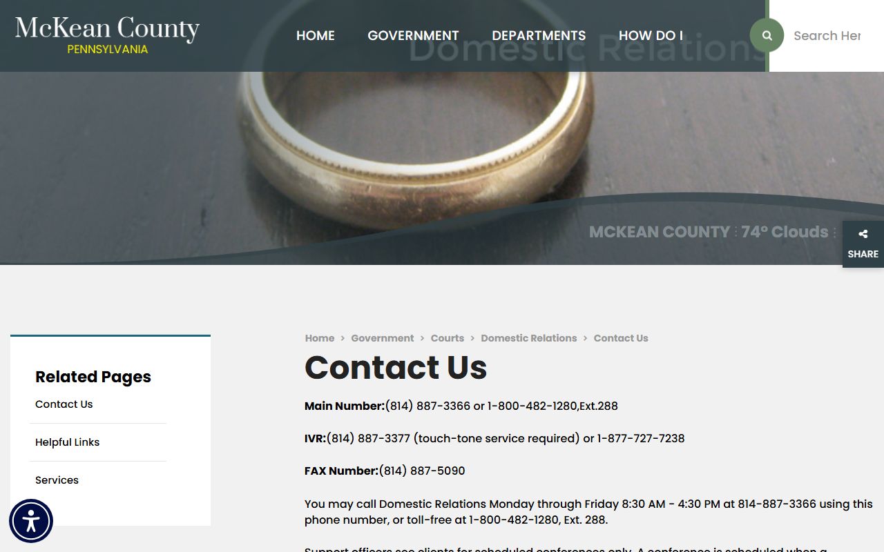 McKean County divorce records Domestic Relations contact page